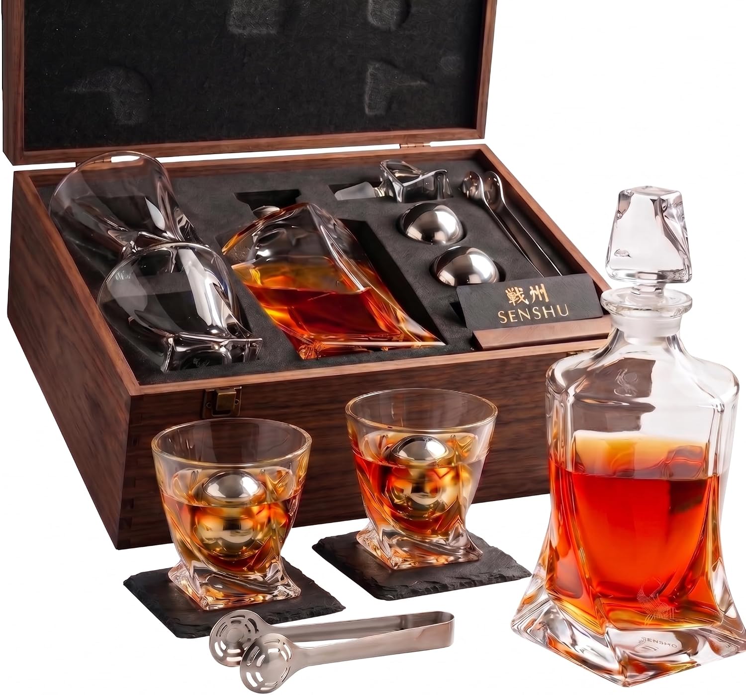 Ember Japanese Crystal Whisky Decanter Set in Wood Storage Box, 4 Tumbler Rocks Glasses & Freezer Chillers - Sake, Scotch, Vodka, Elegant Birthday & Birth Day Barware Gifts, Japan Designed Gifts