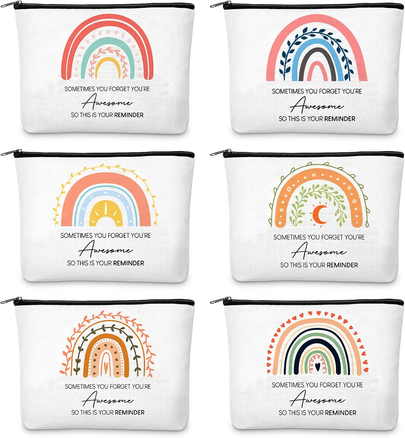 Weewooday 6 Pcs Thank You Gifts Inspirational Gifts for Women Friendship Small Rainbow Make up Bags with Zipper for Birthday Travel Presents, 9.06 x 5.91 x 1.97 Inch, 6 Styles
