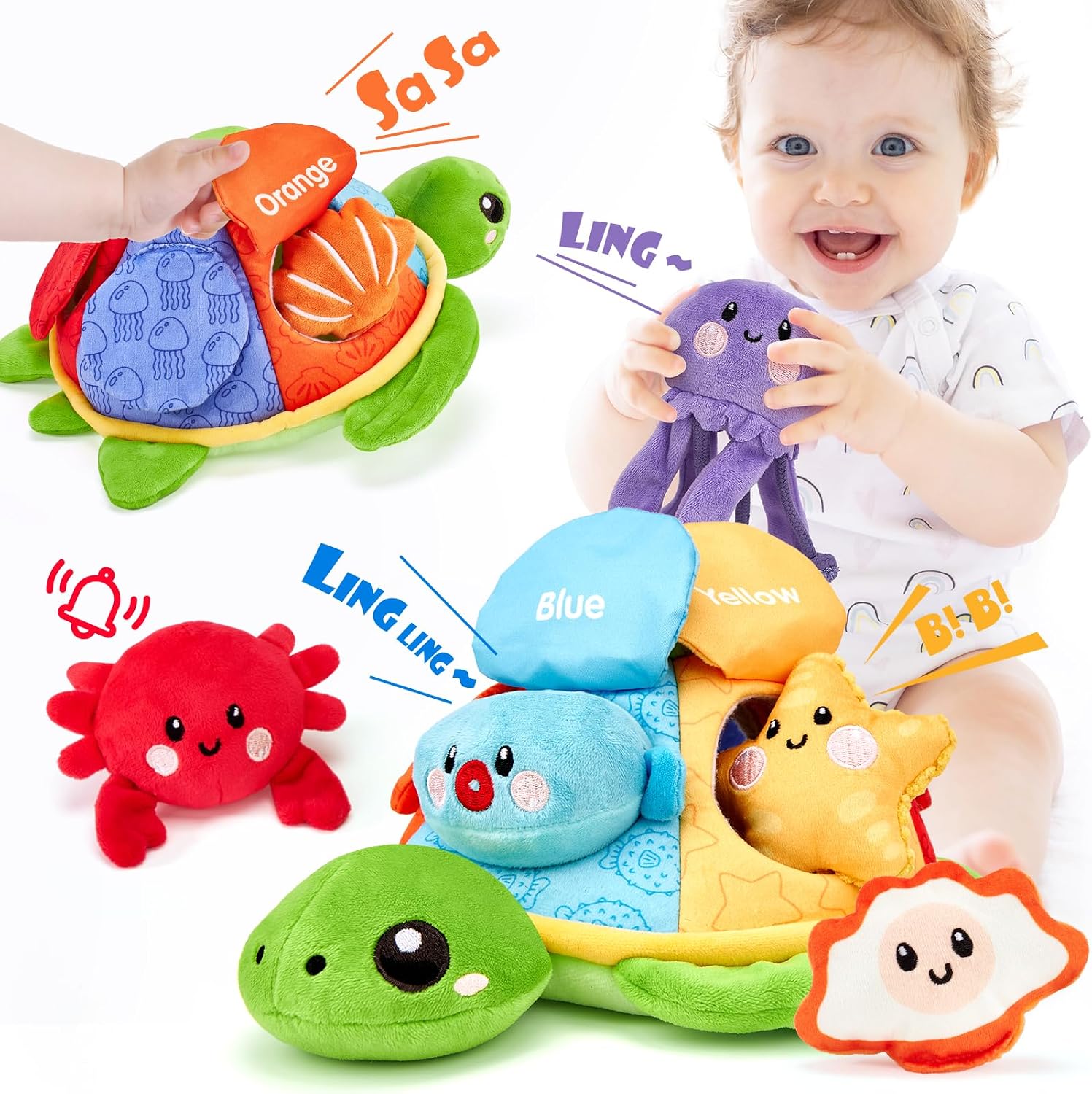 hahaland Baby Toys 6 to 12 Months - Soft Sea Animal Baby Toys with Crinkle Sounds, Sensory Toys for Babies Girls Boys, Montessori Toys for Babies 6-12 Months, Fine Motor Skills and Color Sorting Gift