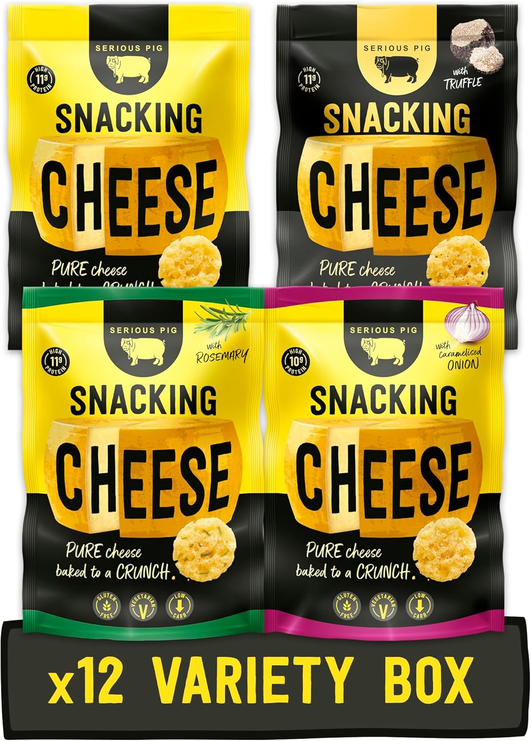 Serious Pig Snacking Cheese Variety Pack, Classic Rosemary Truffle Caramelised Onion Flavours (12 x 24g)