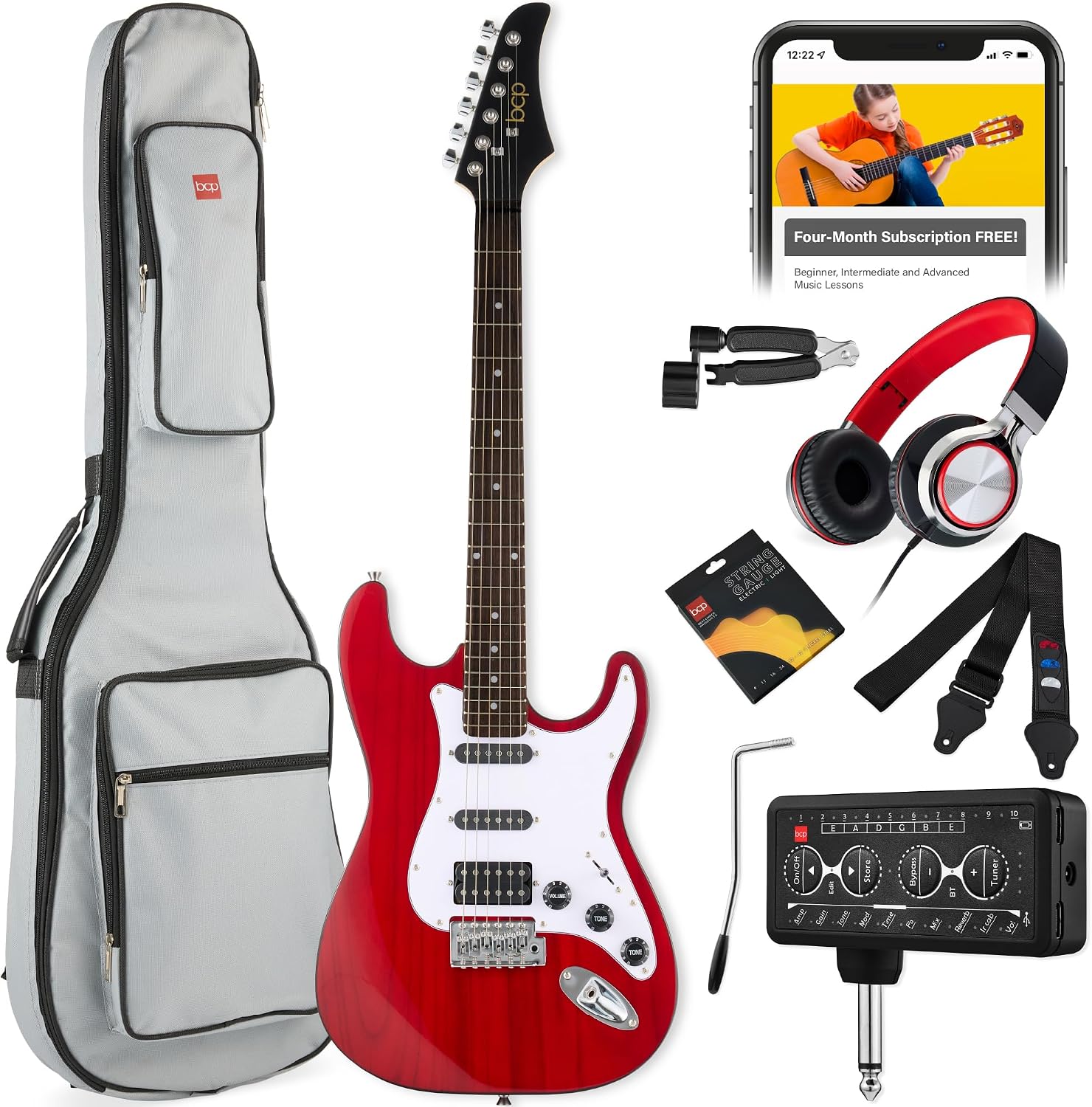 Best Choice Products Beginner HSS Electric Guitar Kit w/Headphone Amp, Padded Gig-Bag, Headphones, Guitar Strap - Cherry Red/White