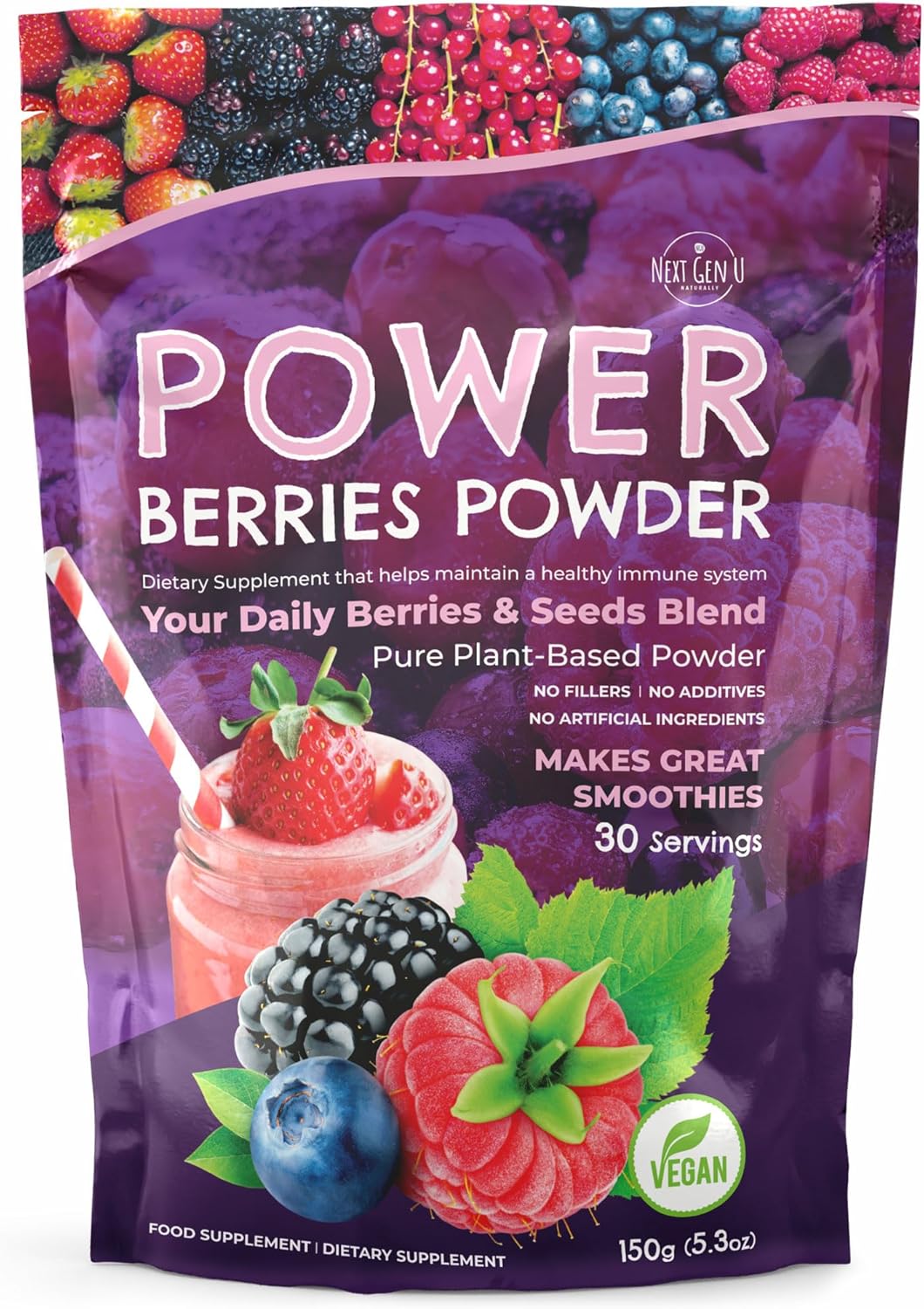 Super Berry Powder - 150g - Immune Support - Food Supplement - Superfood Berries - Smoothie Mix for Shakes - Healthy Boost for Detox Juice Beverages or Any Drink - by NextGenU