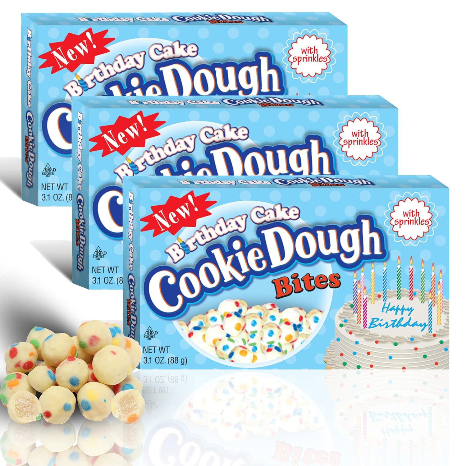 Cookie Dough Bites Birthday Cake | 3.1 oz (Pack of 3) | The Original Edible Cookie Dough | Movie Theater Candy
