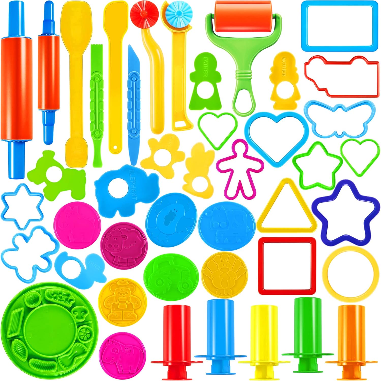 JOYIN 44 Pieces Dough Accessories Set for Kids, Dough Tools with Various Plastic Molds, Rolling Pins, Cutters for Toddlers Girls Boys