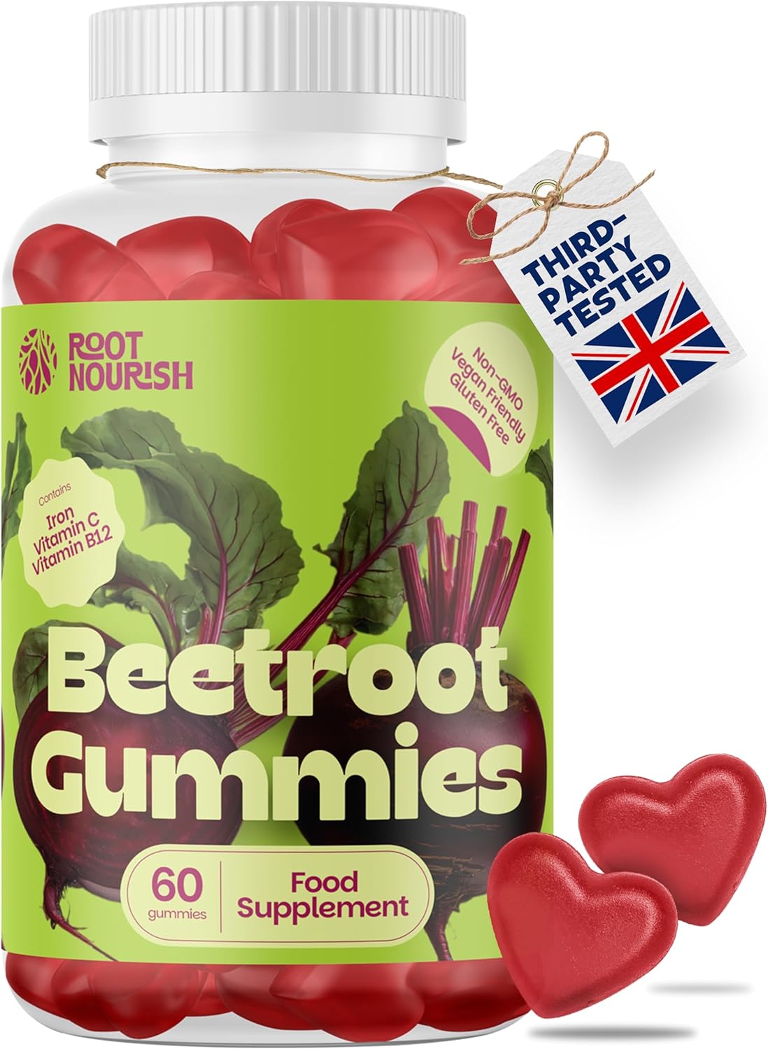 RootNourish Beetroot Gummies – High Strength Iron, Vitamin C, B12 & Folic Acid Supplement for Energy, Circulation, Tiredness & Immune Support – 60 Gummies