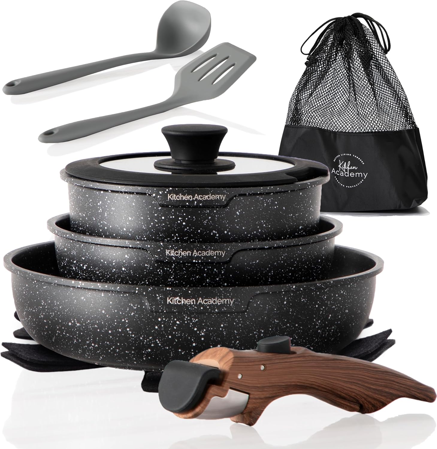 Kitchen Academy Non Stick Pots and Pans Set, Detachable Handle Induction Hob Pans Set,10 Piece Black Granite Cookware Set with Removable Handle Stackable RV Camp Cookware