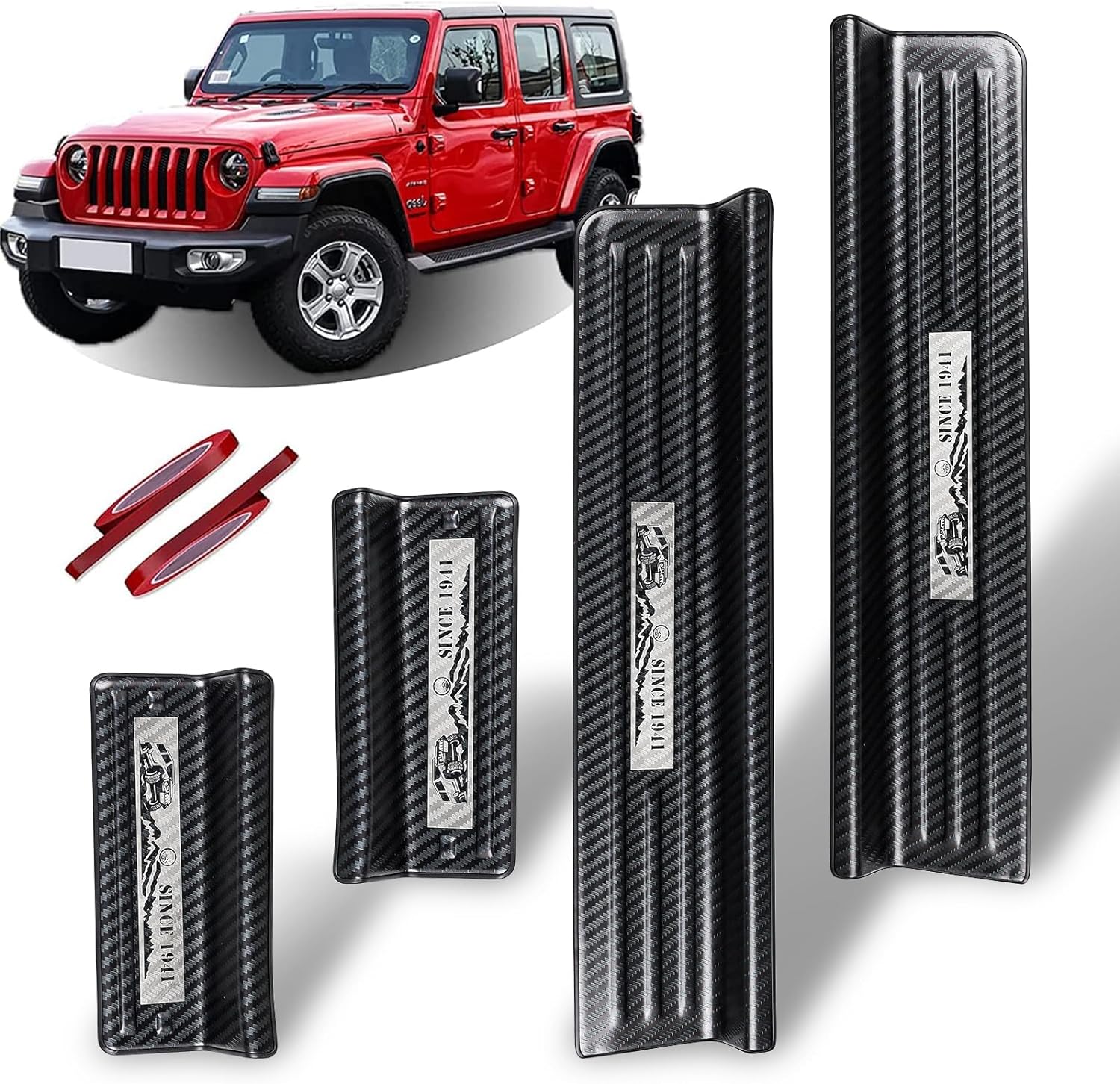 Rowa Door Sill Guards for Jeep 2018-2025 Wrangler JL JLU & 2020-2025 Gladiator JT, Carbon Fiber Pattern 304 Stainless Steel Door Entry Guard Full Coverage for Door Sill Protector (Patent Design)