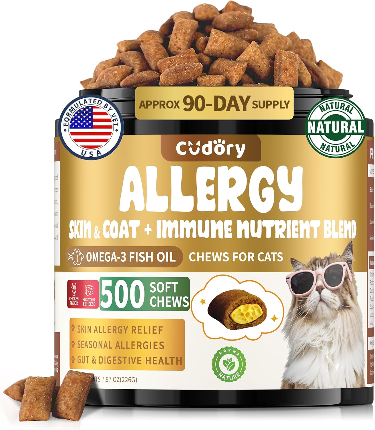 Cat Allergy Relief Chews for Cats, 500 Crunchy & Creamy Treats, Supports Itchy Skin, Paw Licking, Sneezing & Watery Eyes, Omega-3 Fish Oil + Probiotics, Immune Skin & Coat Support(90-Day Supply)