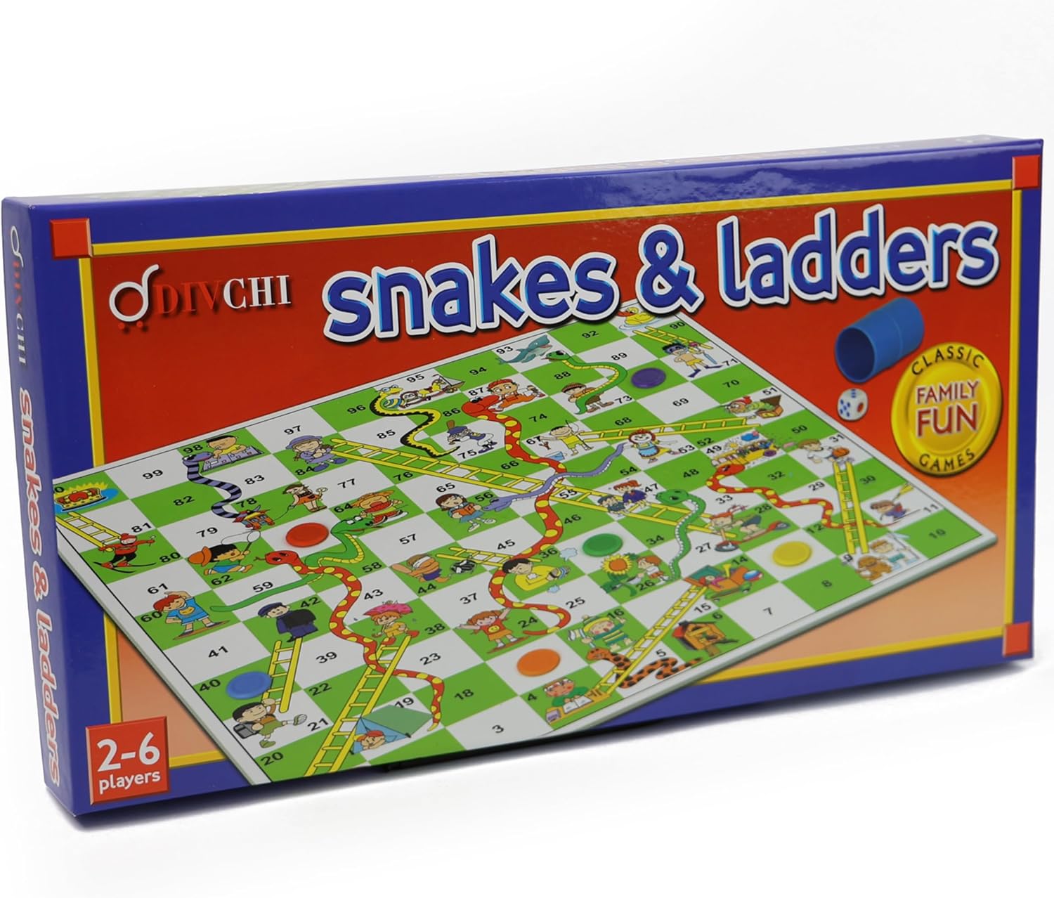 DIVCHI Snakes & Ladders Game for Kids & Adults - Traditional Board Games With Colourful Playing Pieces - For 2-6 Players - Age Years 3+