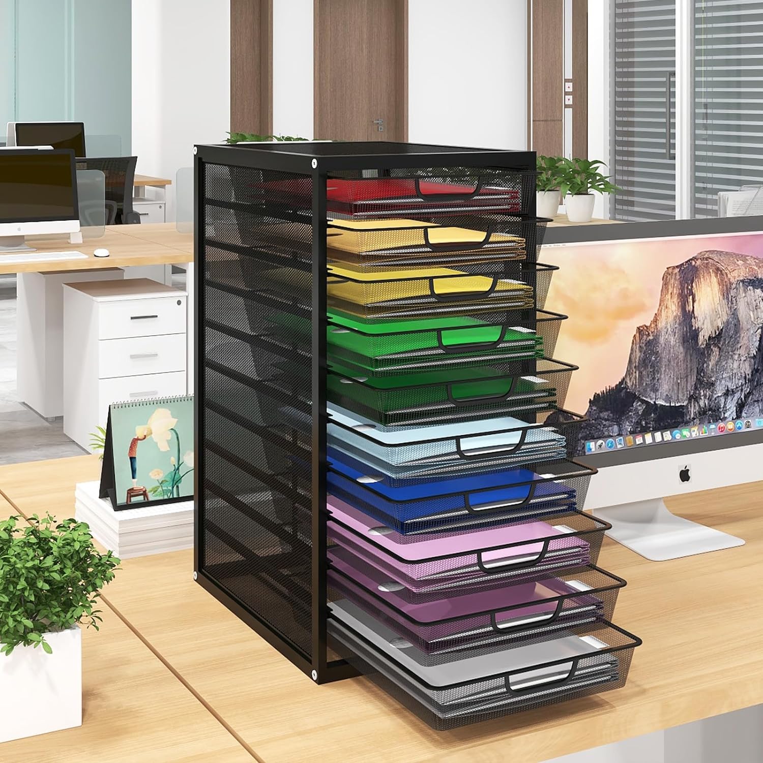 PUNCIA Mesh File Organiser Box 10 Drawers Desktop Paperwork Organiser Office Supplies and Accessories Stationery Storage A4 Paper File Binder Letter Tray Metal Filing Box for Home Office Black