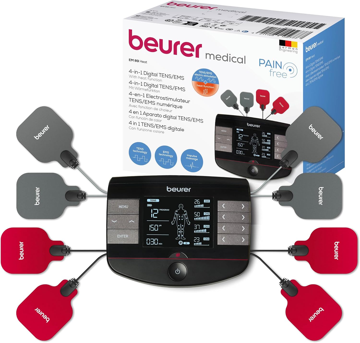 Beurer EM89 Digital TENS/EMS Device with Heat Function, 4-in-1 Function for Pain Therapy, Muscle Stimulation, Massage and Heat Therapy, 4 Separately Adjustable Channels, 8 electrodes & Battery