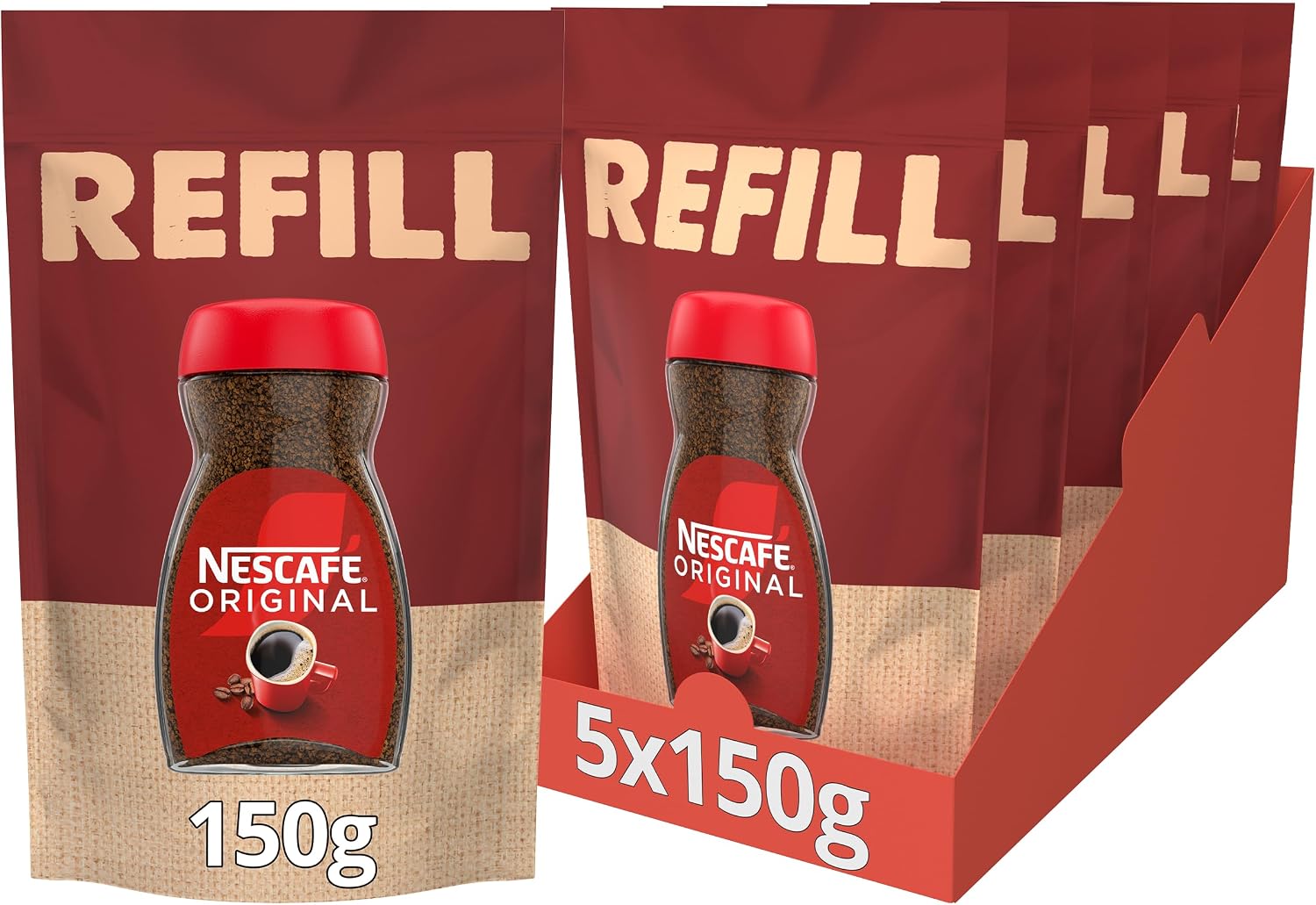 NESCAFÉ Original Instant Coffee Refill Pouch 150g, Rich Aroma, Full and Bold Flavour (Pack of 5)