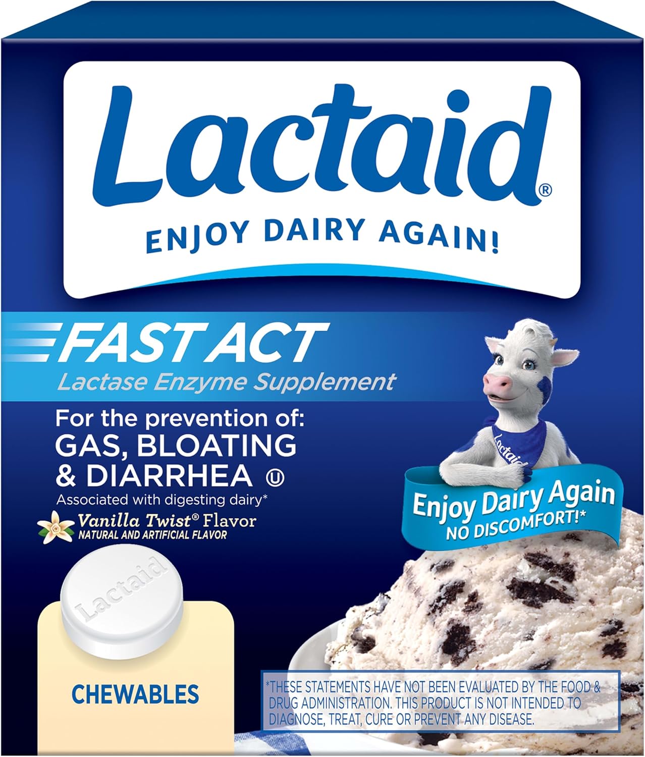 Lactaid Fast Act Lactose Intolerance Relief Chewables, Vanilla Twist, 60 Ct