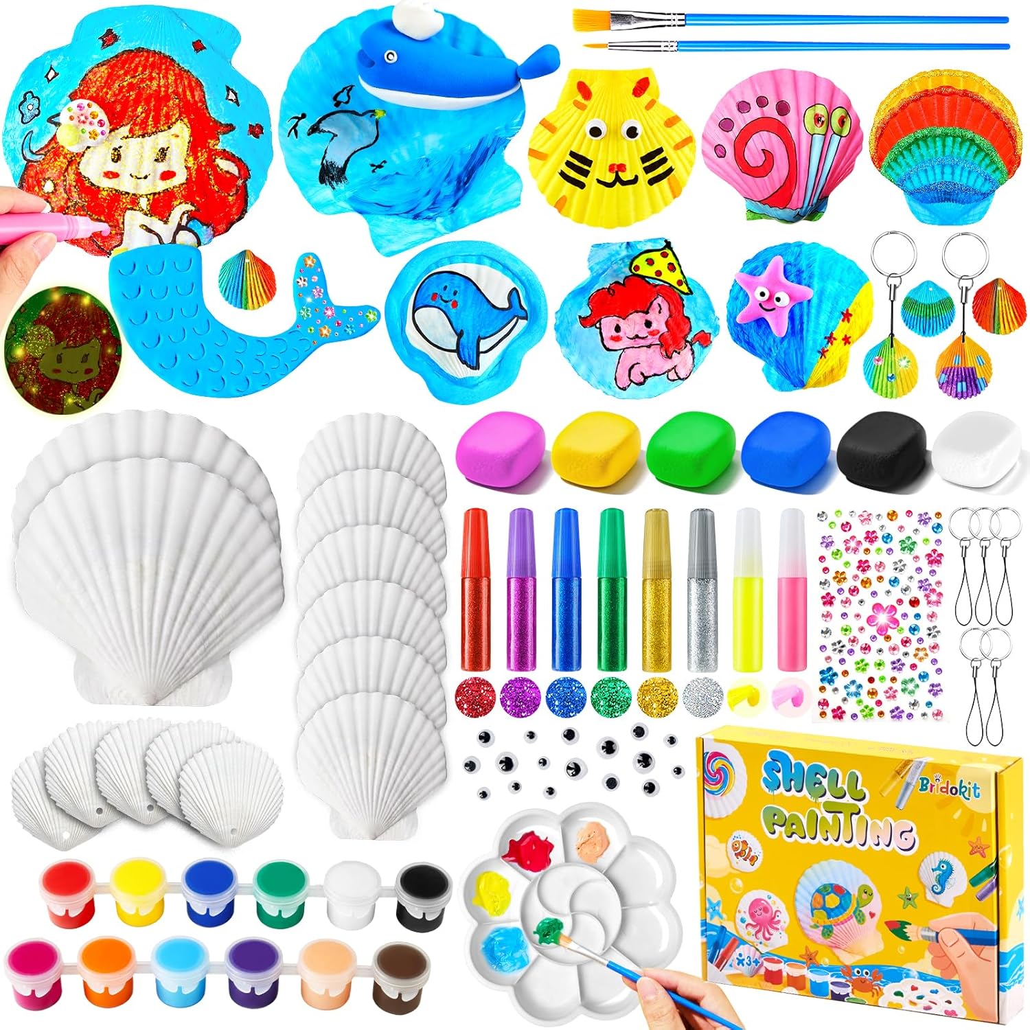 Bridokit Kids Seashell Painting Kit, Craft Kits for Kids, Keyring Making Kit, with Air Dry Clay, Stickers, Paint Brushes, DIY Crafting Painting Arts and Craft Creative Gifts for Age 4-12 Girls Boys