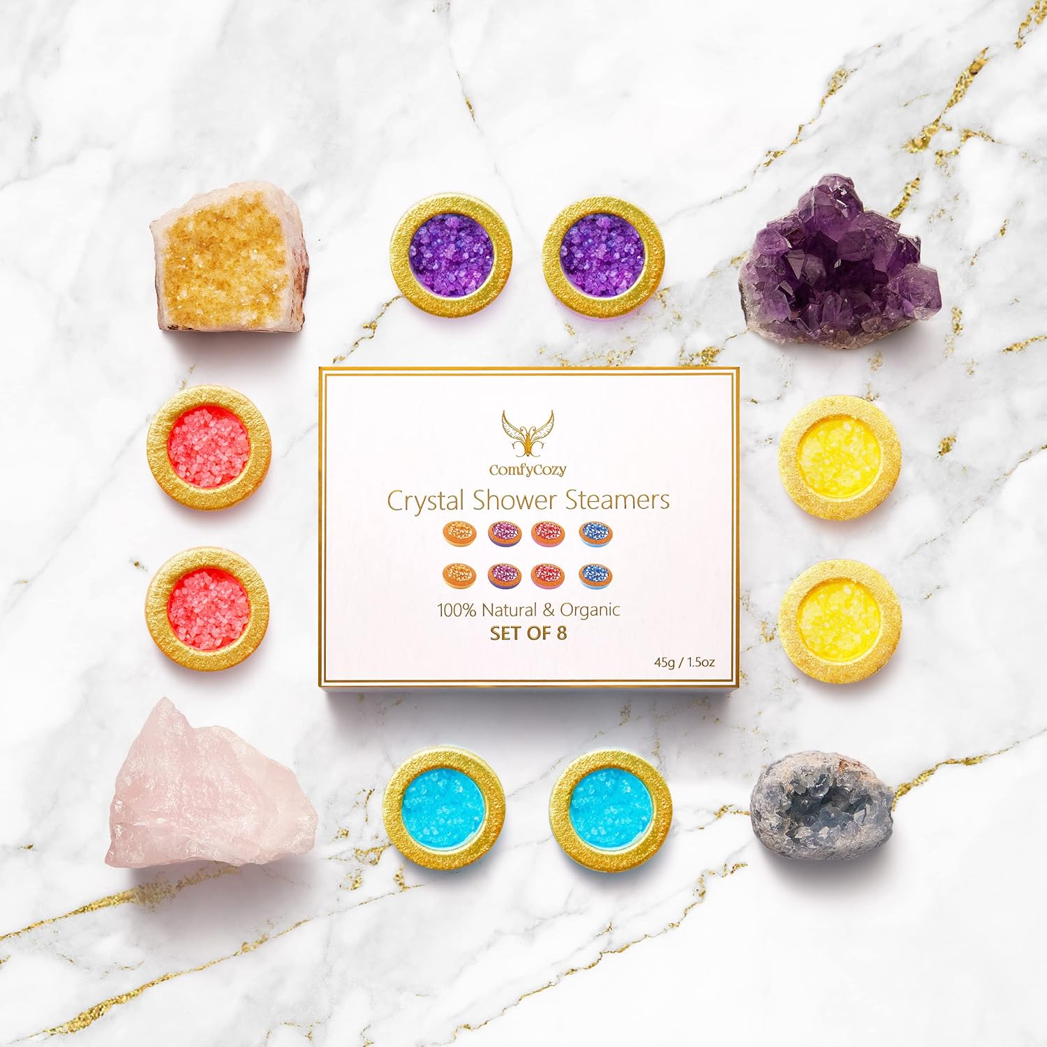 ComfyCozy Crystal Shower Steamers Luxury Gift Set | Bath Relaxation Beauty Self Care Present | Vegan Organic Shower Bombs, 8x45g