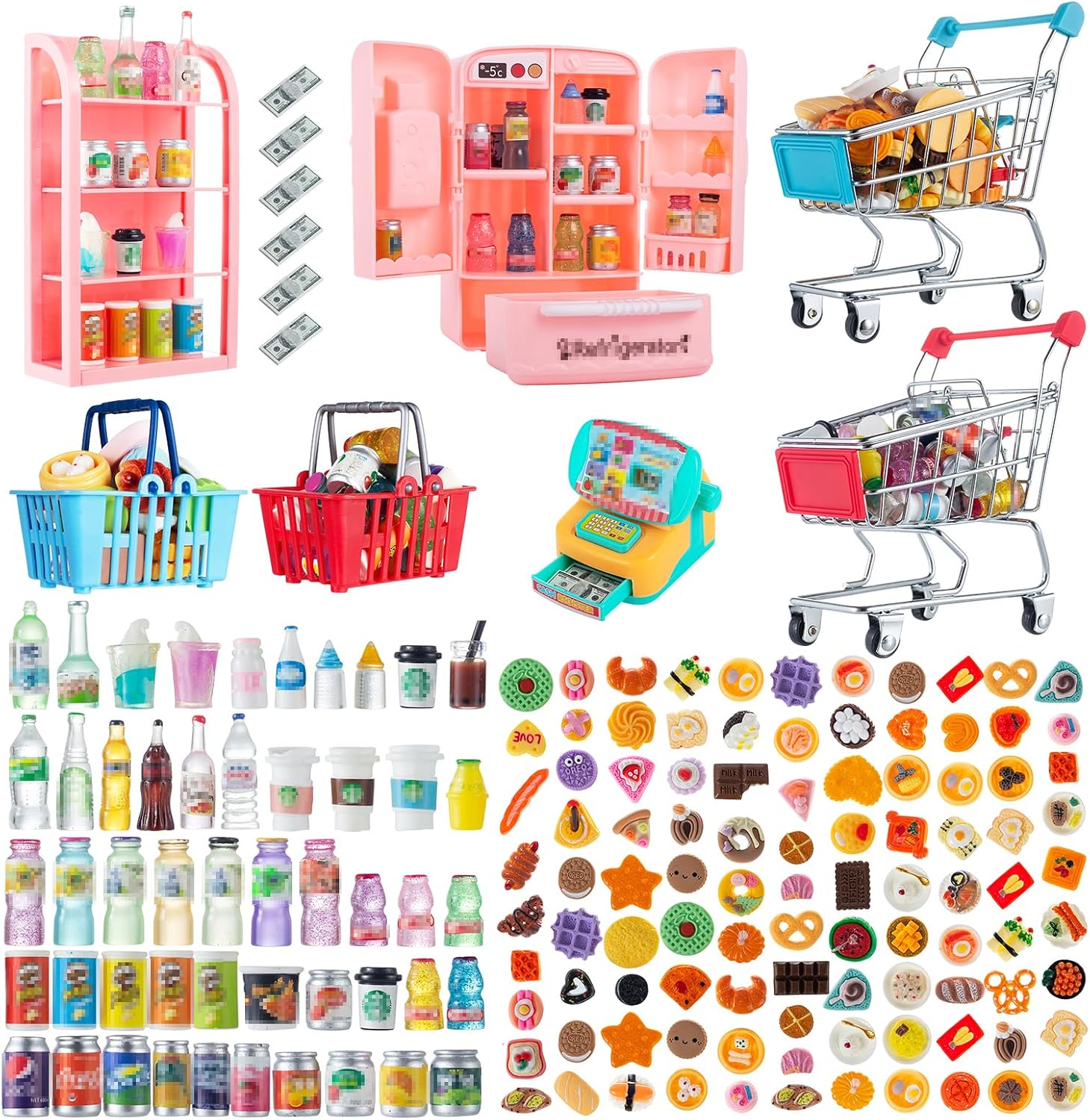 164Pcs Mini Shopping Cart Basket Miniature Food Drink Toy Supermarket Metal Handcart Trolley DollHouse Store Grocery Accessories Kitchen Play Game Party Model Shelves Cash Register Refrigerator Fridge