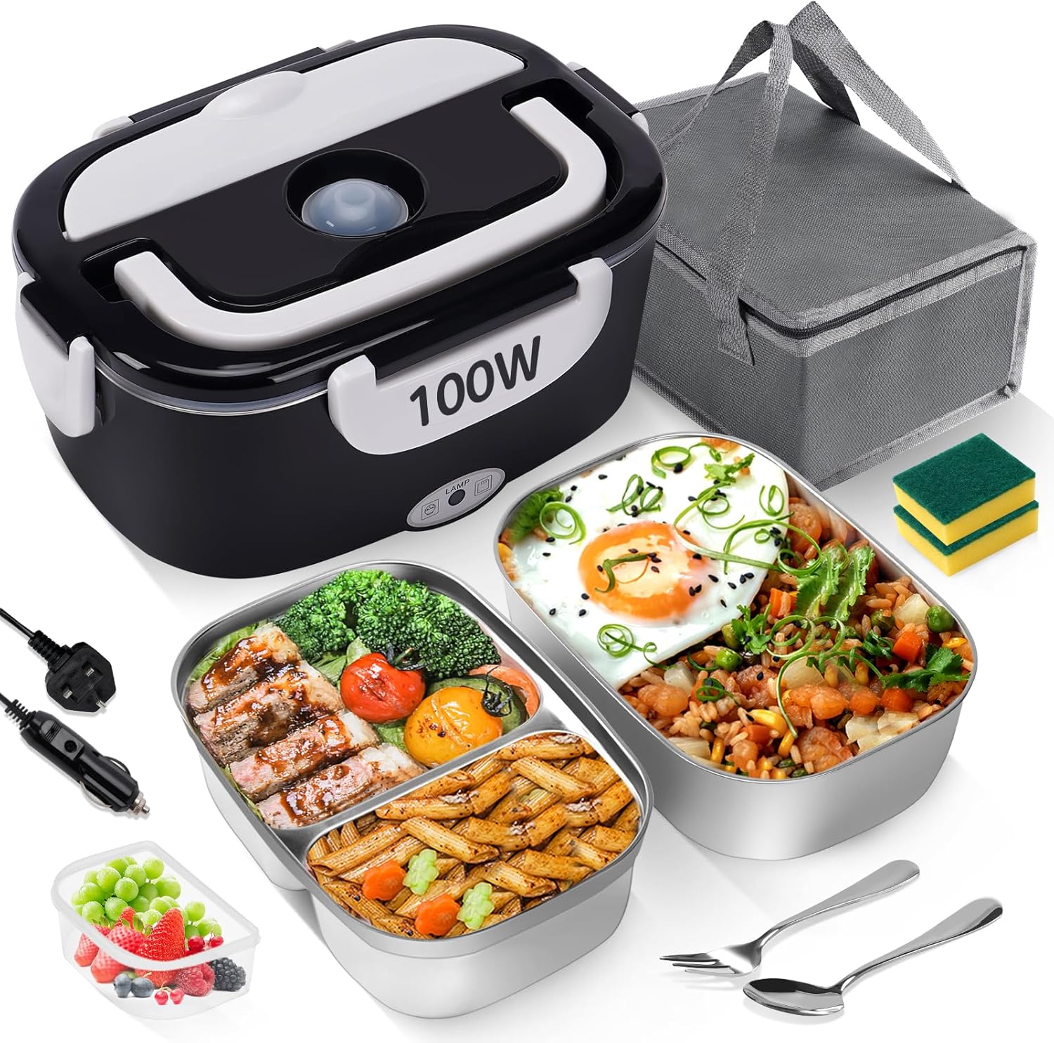 MULBEVD Electric Heated Lunch Box 100W, 2x1.5L Leakproof Electric Lunch Box 3 in 1, 12V/24V/220V with Folding Handle and Stainless Steel Cutlery, Portable Food Warmer for Car | Truck | Office (Black)