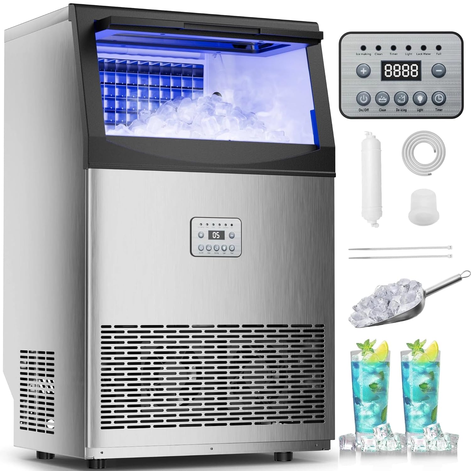 Mountman Commercial Ice Maker,240lbs/24H,96 Cubes in 14 Mins,Stainless Steel Ice Machine with 55lbs Storage Capacity,Self-Cleaning,Water Filter,Under Counter/Freestanding Ice Maker for Cafe,Home