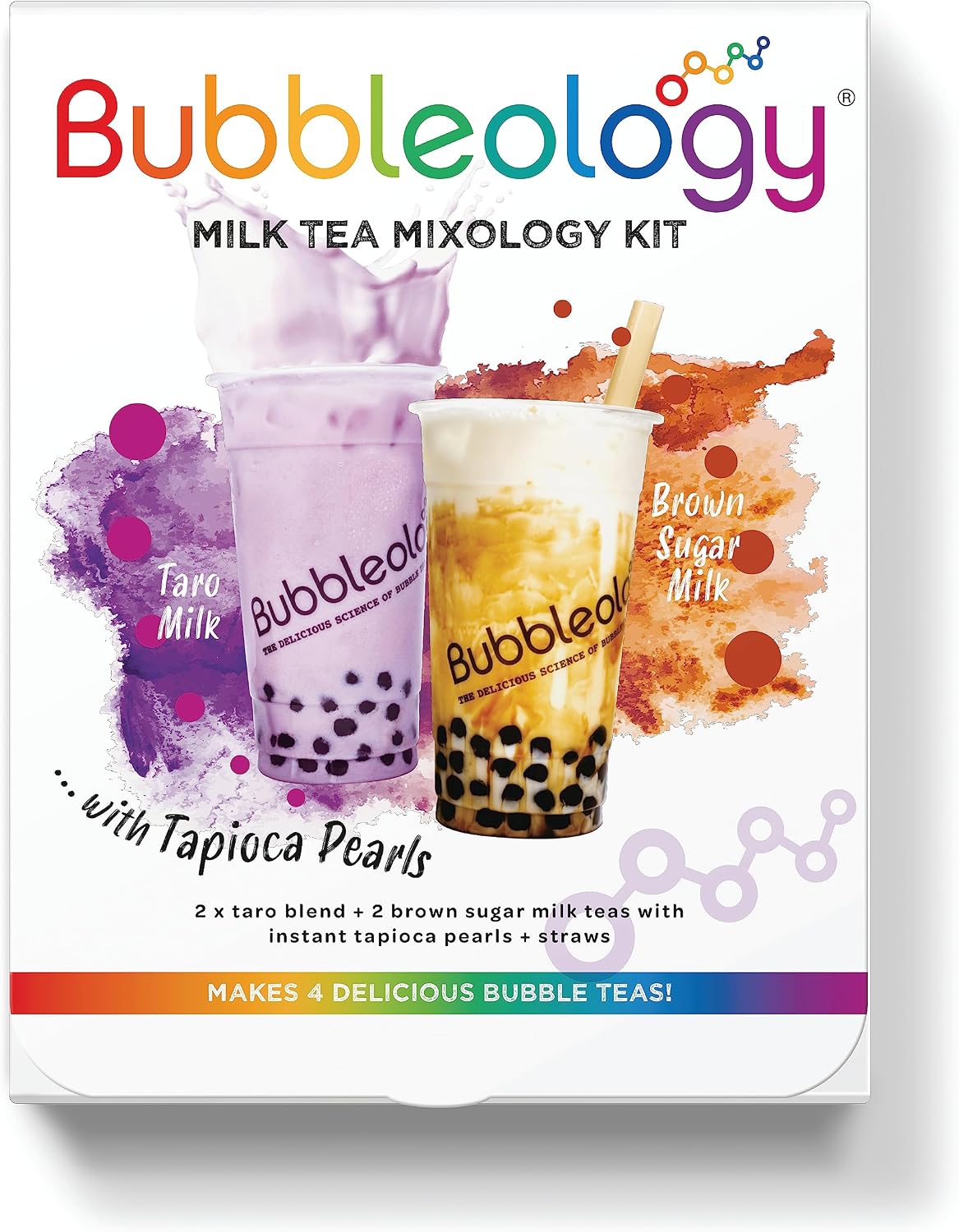 Bubbleology Milk Tea Mixology Kit with Tapioca Pearls (Pack of 1) Makes 4 Delicious Bubble Teas | 2 Brown Sugar Milk & 2 Taro Milk with Instant Tapioca Pearls