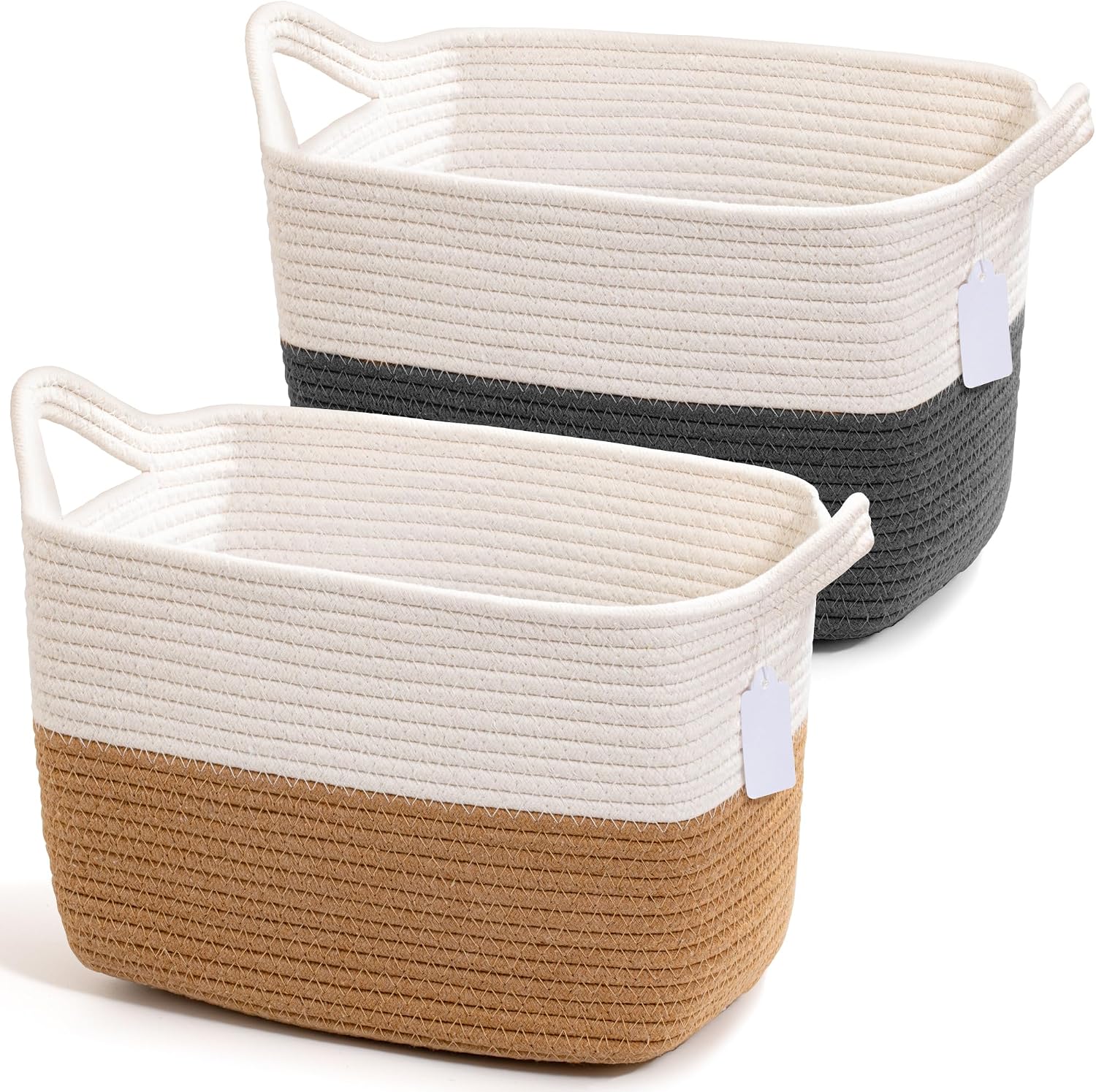 Modern Cotton Rope Storage Baskets with Handles – Woven Organizing Bins for Laundry, Toys, Blankets & Bathroom Storage, Home Decor, Gift Basket Set of 2 (13 x 10 x 9 Inches)