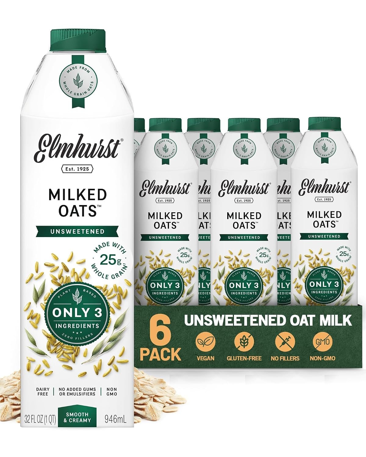 Elmhurst Milked Oats, Unsweetened, Plant Based, Dairy Free, Non GMO, 32 Fluid Ounces (Pack of 6)