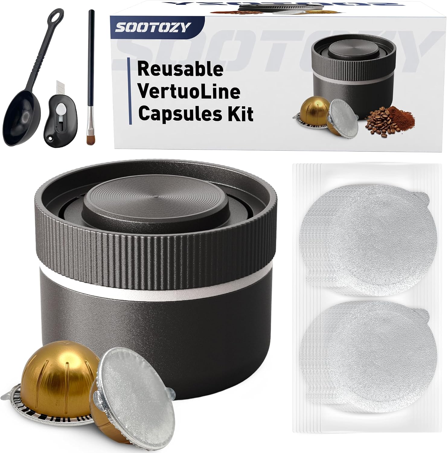 Reusable Pods Kit for Nespresso Vertuo, Refillable Coffee Pods with 100pcs Aluminum Covers Foil Seals Lids for VertuoLine Capsules, Compatible for VertuoPlus Espresso Machine (Pods not included)