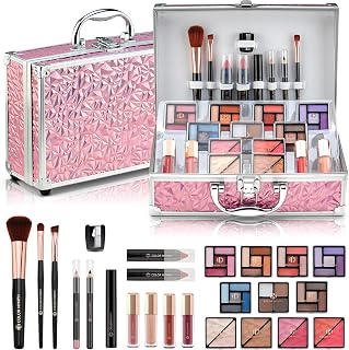 Color Nymph Starter Makeup Kit for Tweens Girls, Train Case for Women Full Kit with Eye Shadow, Lipstick, Blush, Brushes, Lipgloss, Mascara, Brow Wax and Mirror Pink Full Starter Cosmetics Set