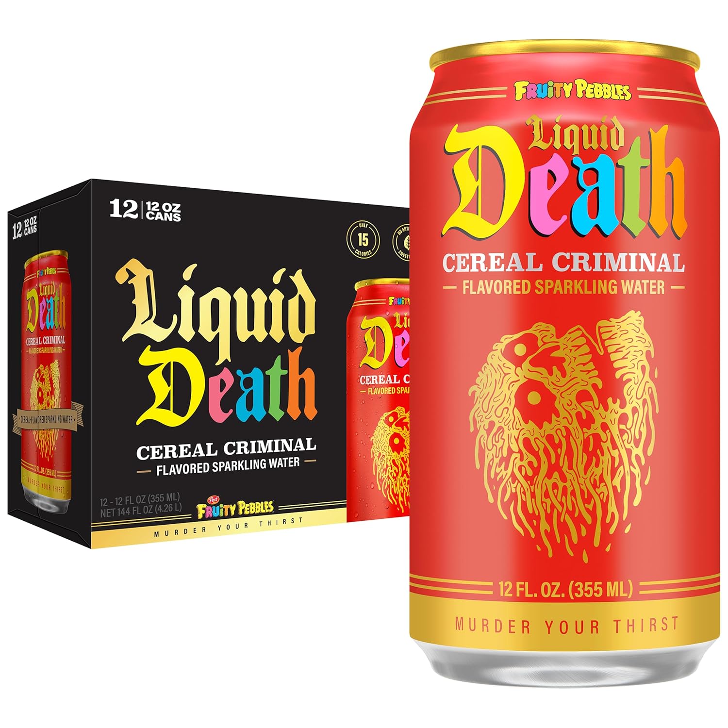 Liquid Death, Cereal Criminal, Fruity Pebbles-Flavored Sparkling Water, 12-Pack (12oz Cans), Low Calorie & No Artificial Sweeteners