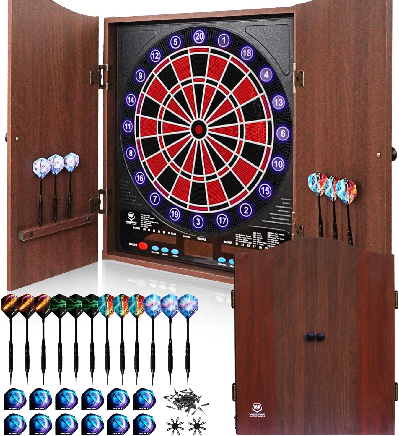 Electronic Dart Board with Cabinet Set, Dartboard with 8-Player Color Light