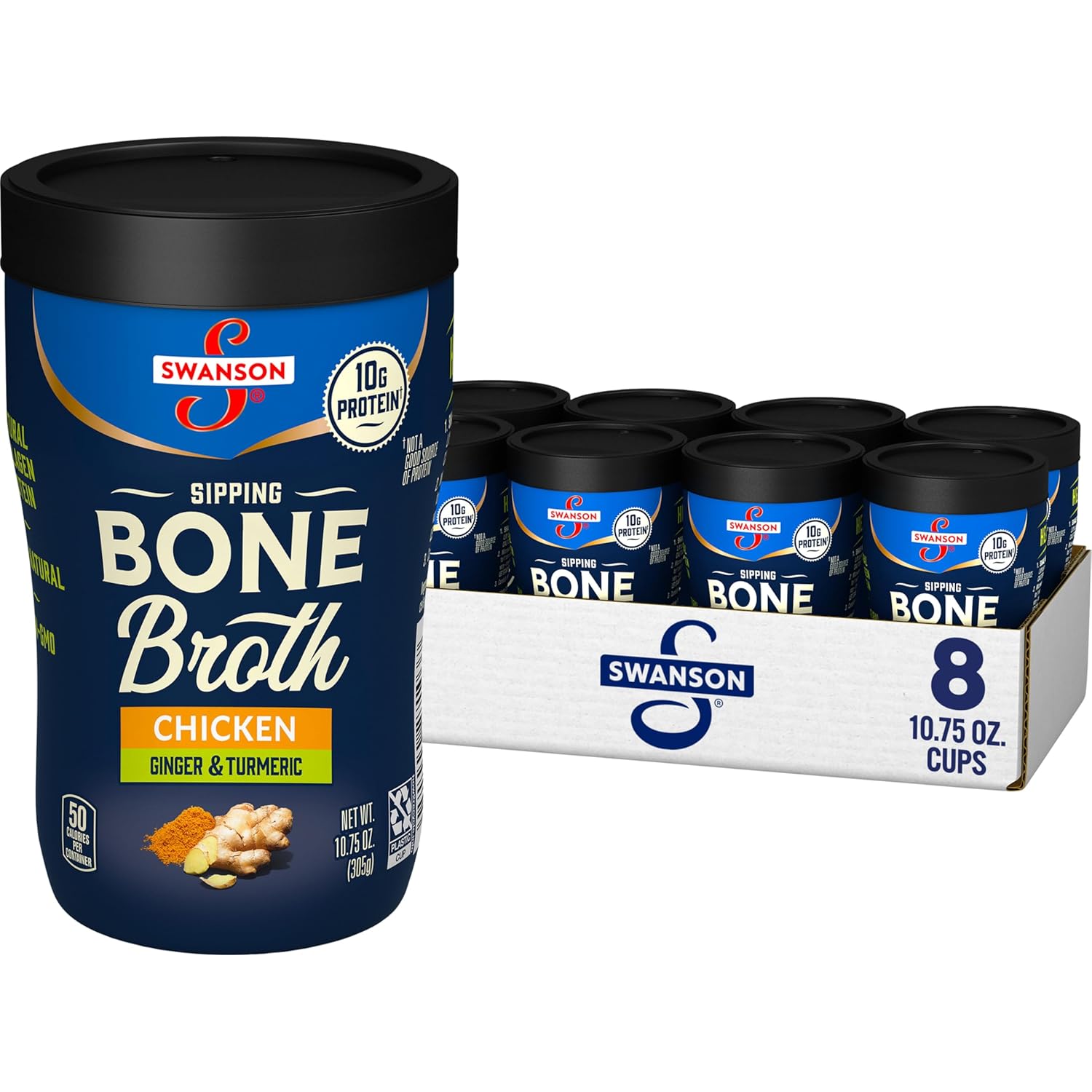 Swanson Sipping Chicken Bone Broth With Ginger and Turmeric, 10.75 oz Microwavable Cup (8 Pack)