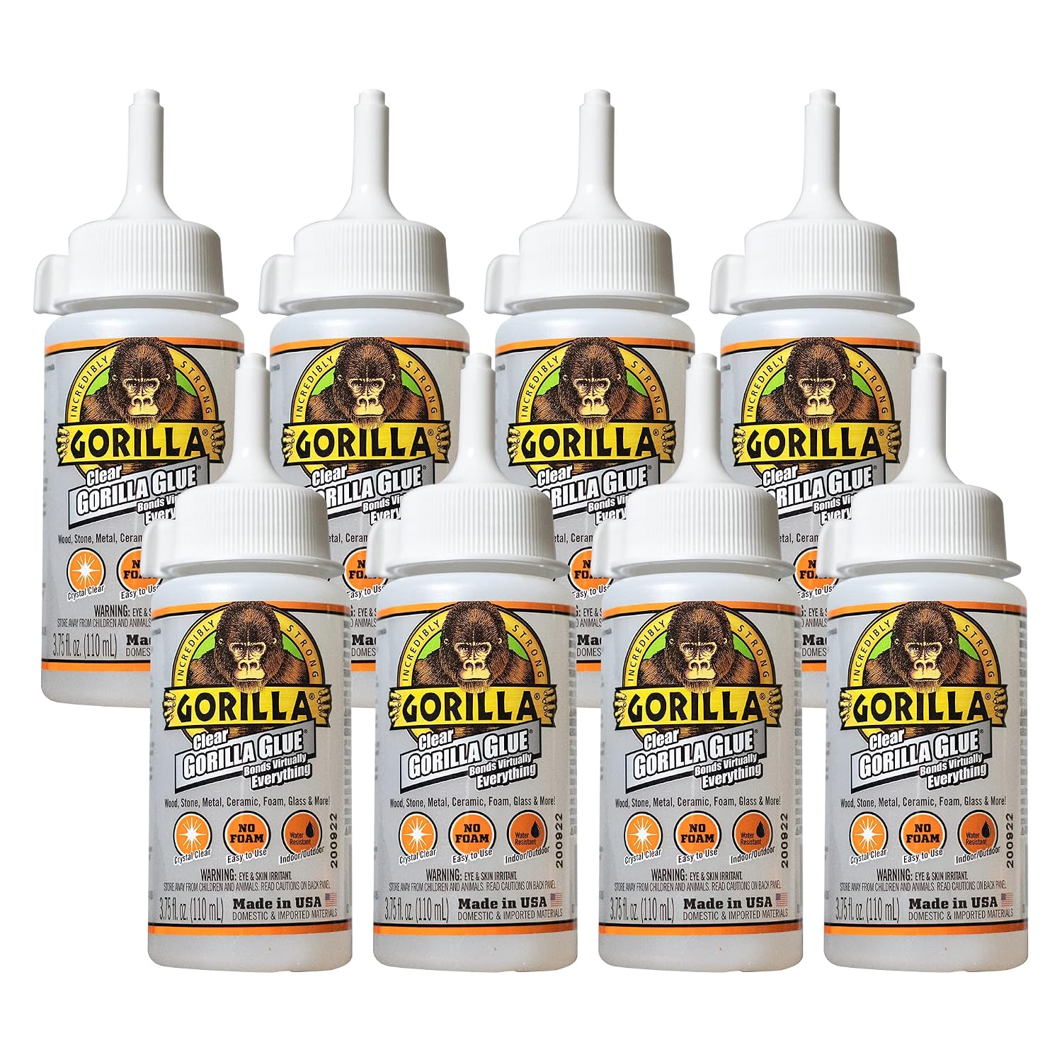 Gorilla Clear Glue, All Purpose, Polyurethane, 3.75 oz Bottle, 8-Pack