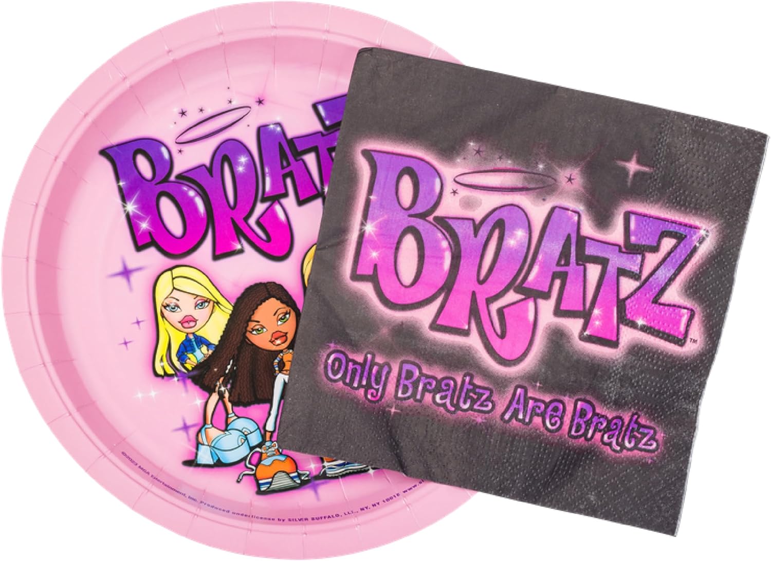 Silver Buffalo Bratz Dolls Featuring Yasmin, Sasha, Jade, and Cloe 32 Pack Partyware Disposable Paper Plates and Napkins