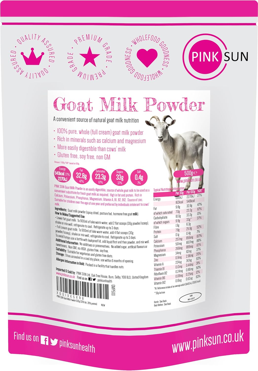 PINK SUN Whole Goat Milk Powder 500g Dried Full Cream Powdered for Convenient Use Gluten Free