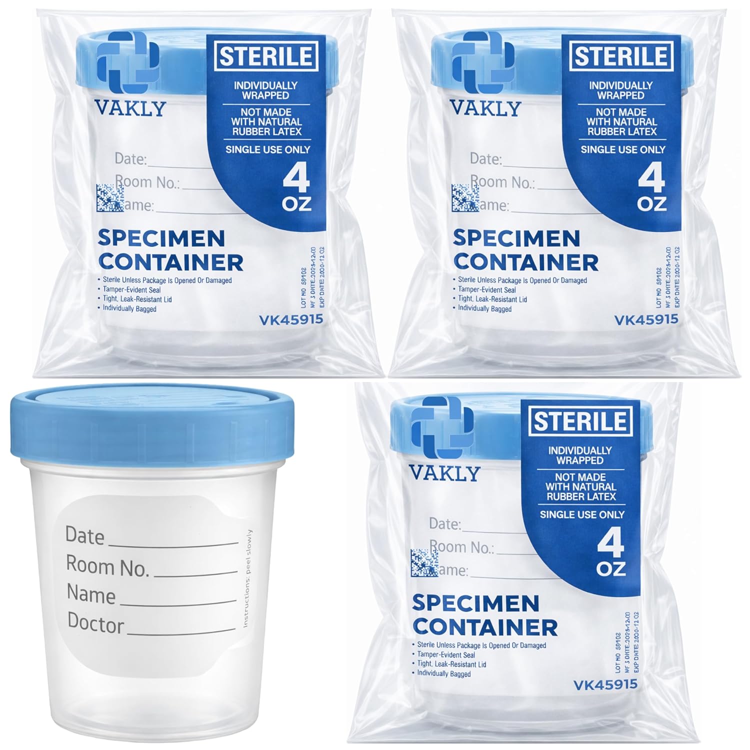 Vakly Sterile Specimen Cups 4 oz [3 Count] – Urine Collection Cups, Individually Bagged with Lids, Leak-Proof Screw-On Covers for Safe Sample Testing