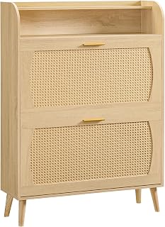 HOOBRO Rattan Shoe Cabinet, Shoe Storage Cabinet with 2 Flip Drawers, Shoe Cabinet Storage for entryway, Shoe Organizer Cabinet with Adjustable Shelves, for Hallway, Living Room, Natural NN80SC01