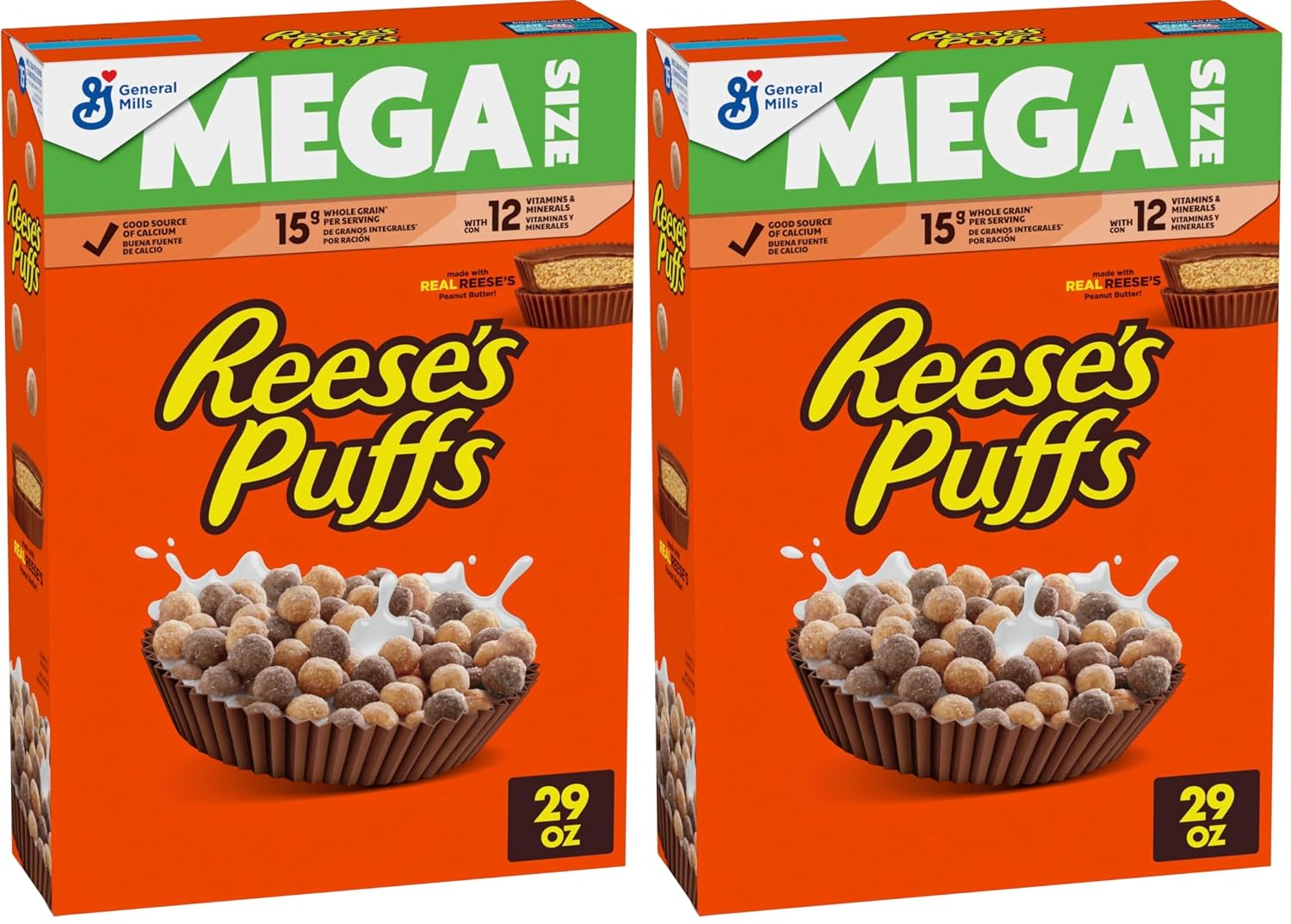 REESE'S PUFFS Chocolatey Peanut Butter Cereal,Kids Breakfast Cereal,Mega Size,29 oz,(Pack of 2)