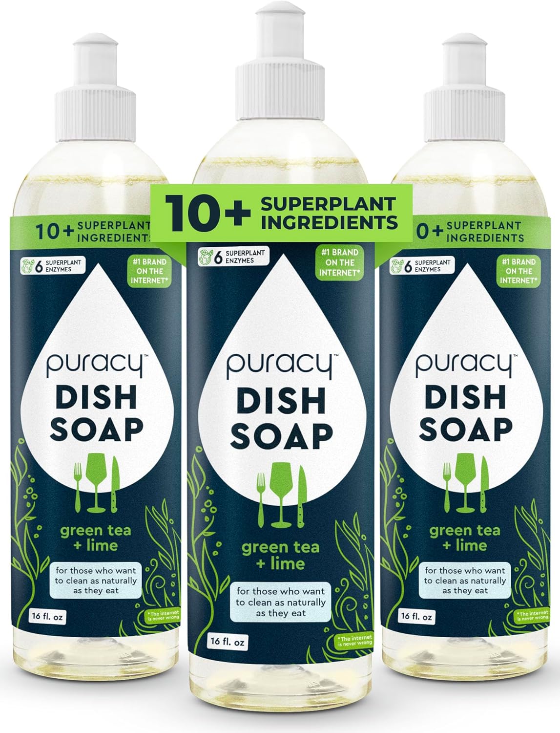 Puracy Natural Dish Soap - Skin-Softening Plant-Based Dishwashing Soap, Non-Toxic Dish Soap, Organic Liquid Dishwashing Detergent Soap (Green Tea & Lime, 16 fl oz, 3 Pack)