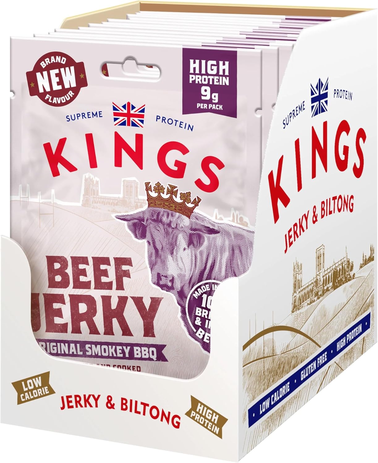 Kings - Beef Jerky - Smokey BBQ Flavour - High Protein Snacks, Marinated and Cooked Meat - Bulk Box of 12 x 25 g Packs