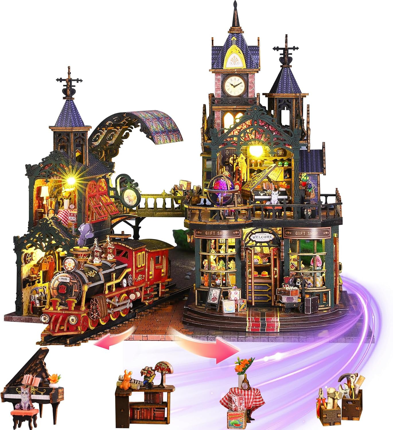 Mostop DIY Miniature Dollhouse Kit, Wooden Dollhouse Kit Miniature House Kit with LED Light,Creative Room Idea for Kids/Adults Magic House DIY Kits