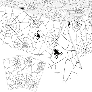 3-Piece 54 x 108 Inch Spider Web Plastic Tablecloth - Spiderweb with Spiders Designs, Disposable Rectangle Table Cover for Dining, Birthday, Halloween, Spooky Themed Decorations (White)
