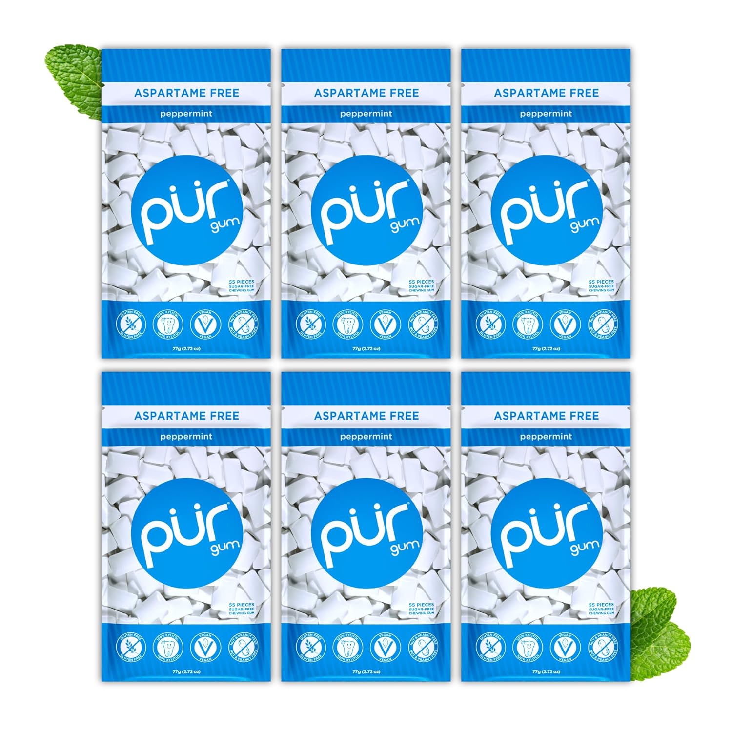 PUR Gum | Aspartame Free Chewing Gum | 100% Xylitol | Natural Peppermint Flavored Gum, 55 Pieces (Pack of 6)
