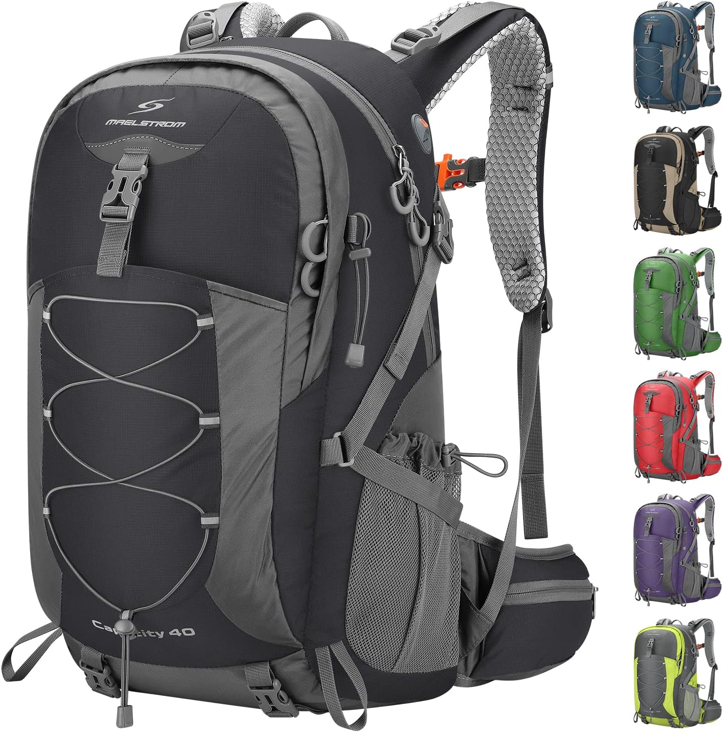 Maelstrom 40L Hiking Backpack, Lightweight Camping Daypack with Rain Cover | Water-Resistant Rip-Stop Nylon, Wet/Dry Separation, Multi-Pockets, Survival Whistle. Ideal For Men, Women, Travel, Trekking