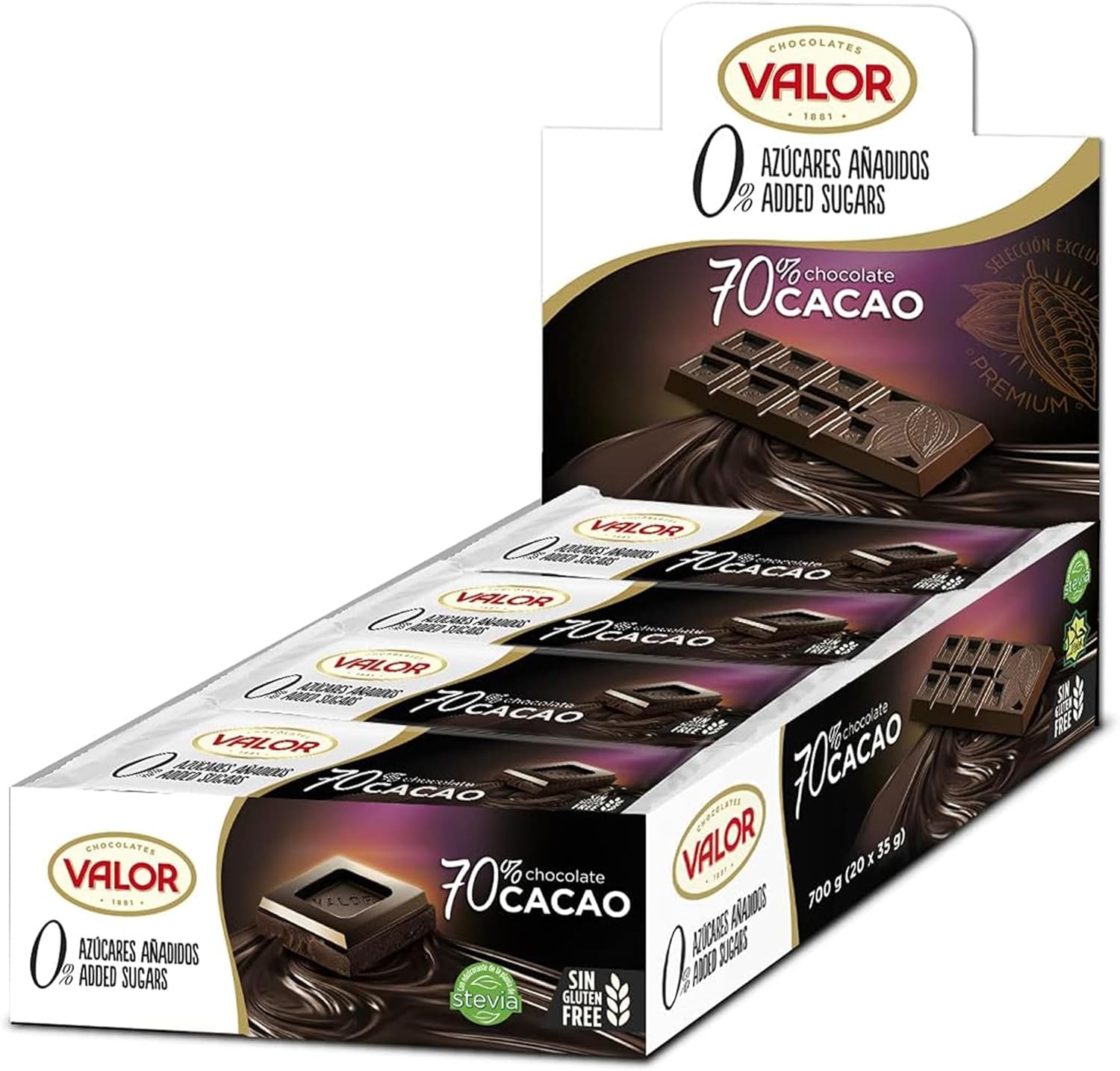 Valor Sugar Free Chocolate Bar - Dark Diabetic Chocolate - Box of 20 Vegan Dark Chocolate Bars made with 70% Cacao, Sweetened with Stevia, Gluten Free, by Master Chocolatiers, Box 20 35g Bars