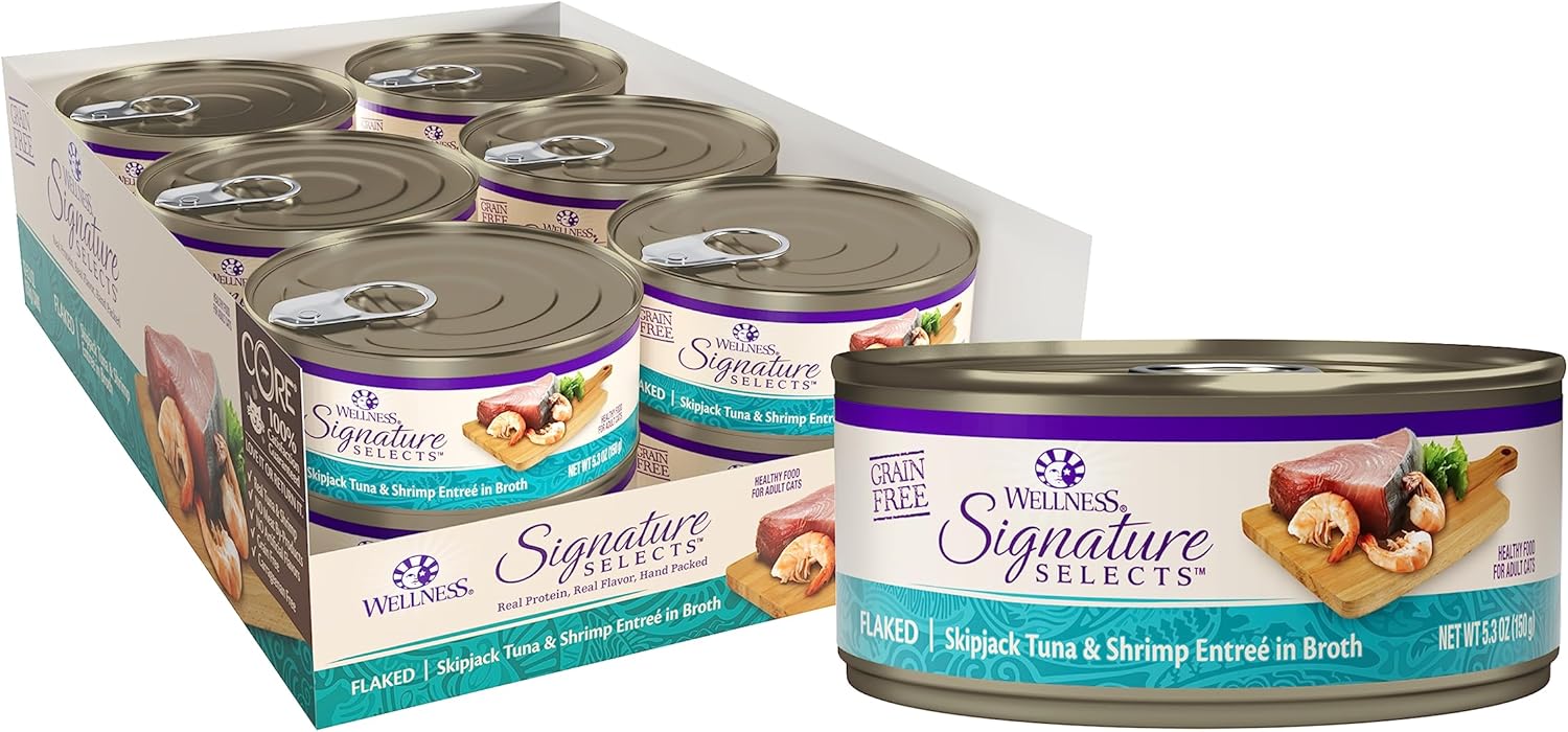 Wellness CORE Signature Selects Flaked Adult Wet Cat Food, Natural, Protein-Rich, Grain Free, 5.3 Ounce, 12 Pack (Skipjack Tuna & Shrimp)