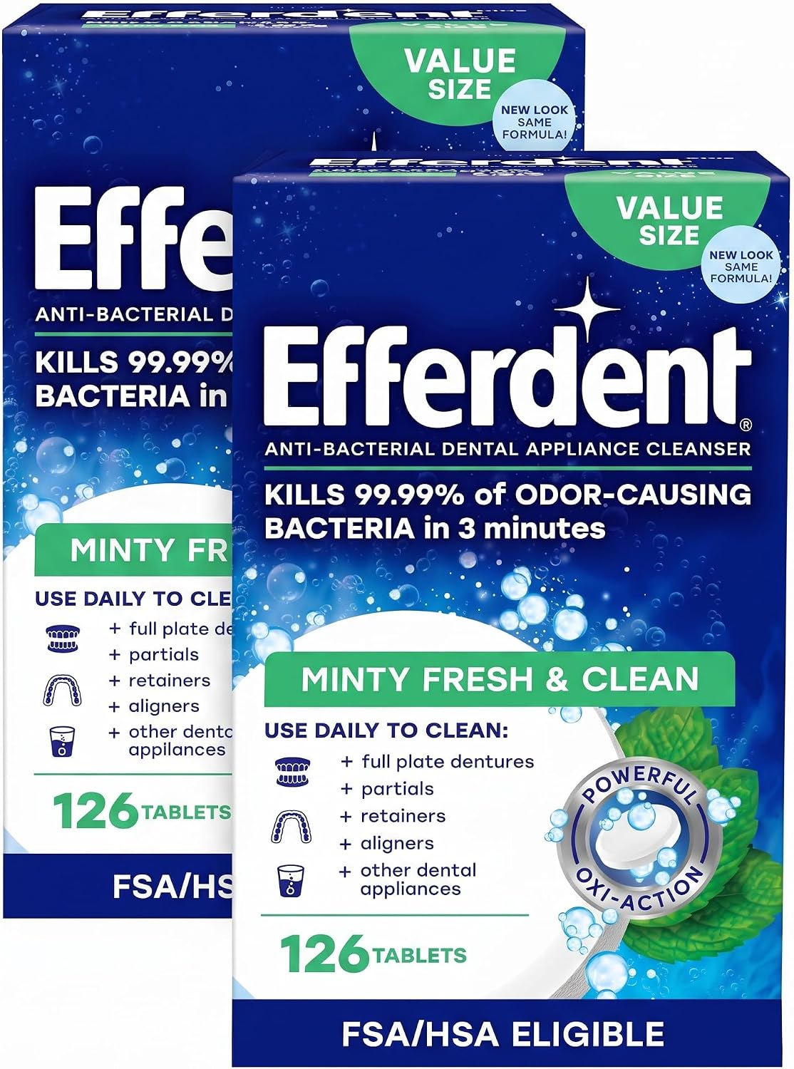 Efferdent Retainer Cleaning Tablets, Denture Cleaning Tablets for Dental Appliances, Minty Fresh & Clean, 126 Count (Pack of 2)