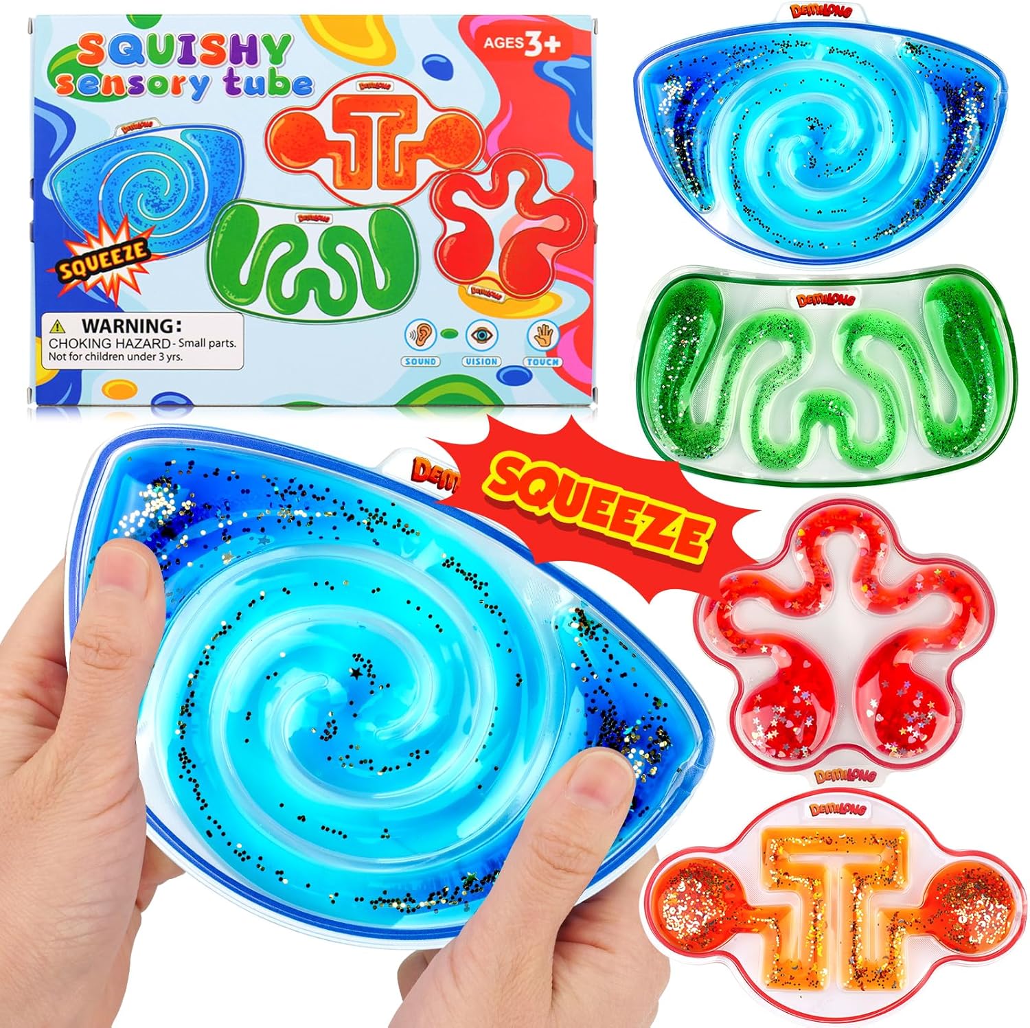 Squishy Sensory Toys for Kids - 4 Pack Fidget Toy Sensory Maze for Autism - Stress Relief Toys for Calm Down - Squeeze Fidget Toy Filled Goo, Glitter, Prizes for Kids Classroom,Classroom Must Haves