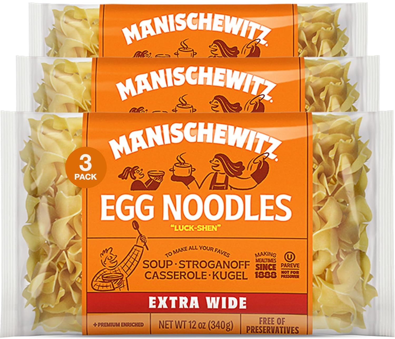 Manischewitz Traditional Extra Wide Egg Noodles 12oz (3 Pack), Homestyle Taste & Texture, Premium Enriched, Low Sodium, No Preservatives