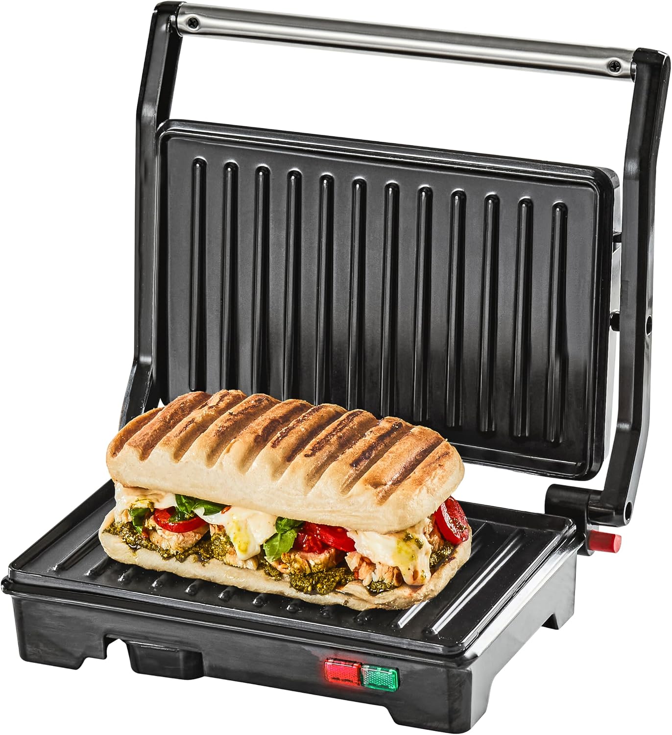 Quest Panini Press and Grill Sandwich Maker/Compact Stainless Steel Design/Non-Stick Hotplates/Cool Touch Floating Hinge Handle/Automatic Temperature Control