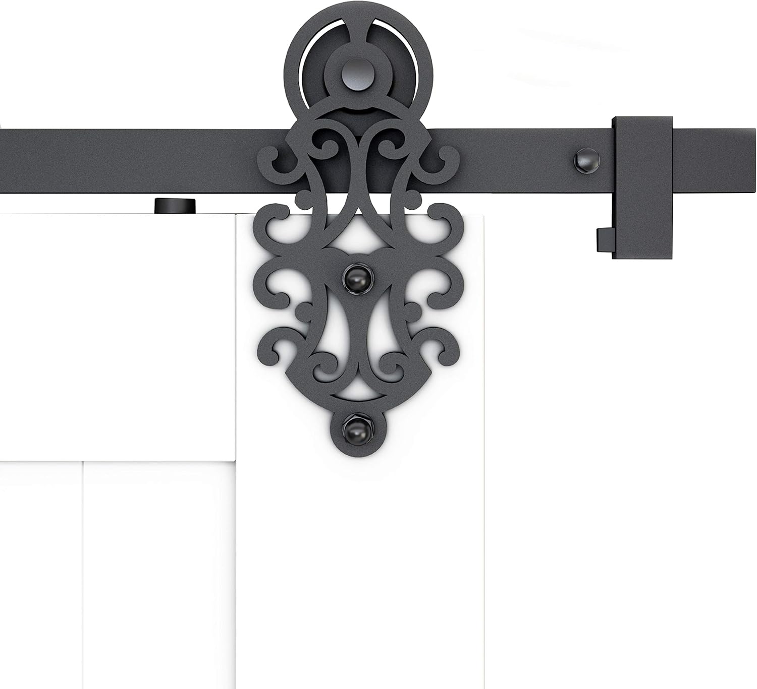 DIYHD 8FT Ornate Cut Black Iron Sliding Barn Door Hardware with Spring-in Soft Close Stop