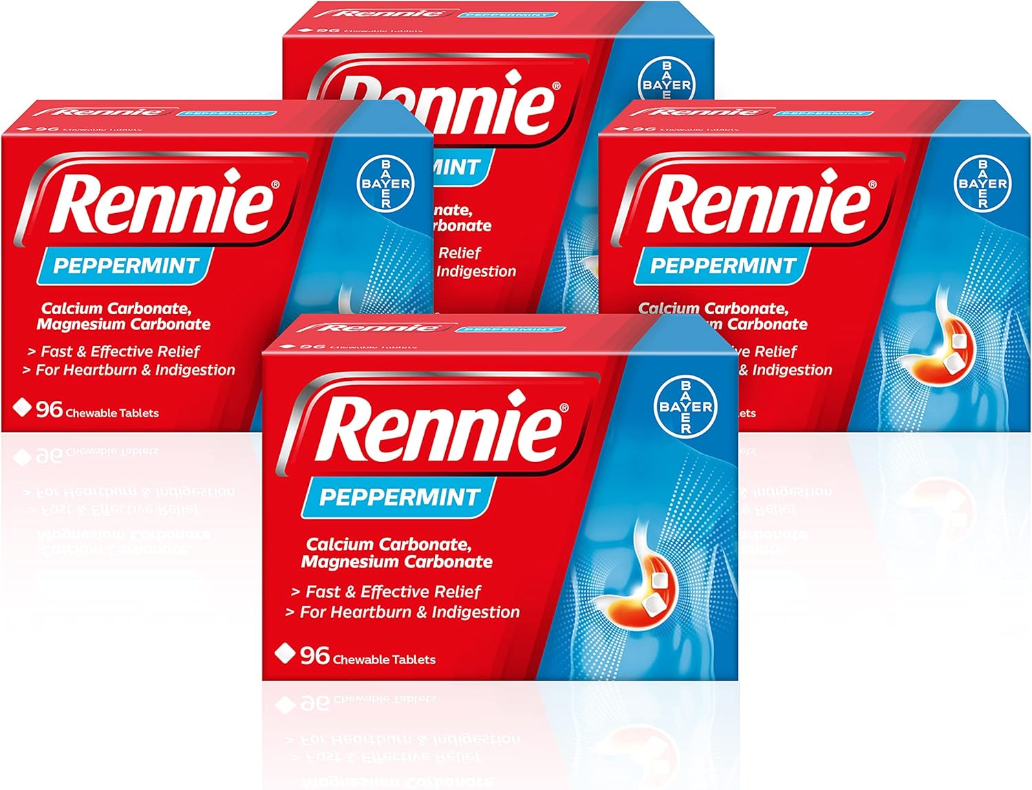 Rennie Antacids, Peppermint Flavour Heartburn Relief and Indigestion Tablets, Fast and Effective Relief for Acid Reflux, 4 Packs of 96 (384 total)